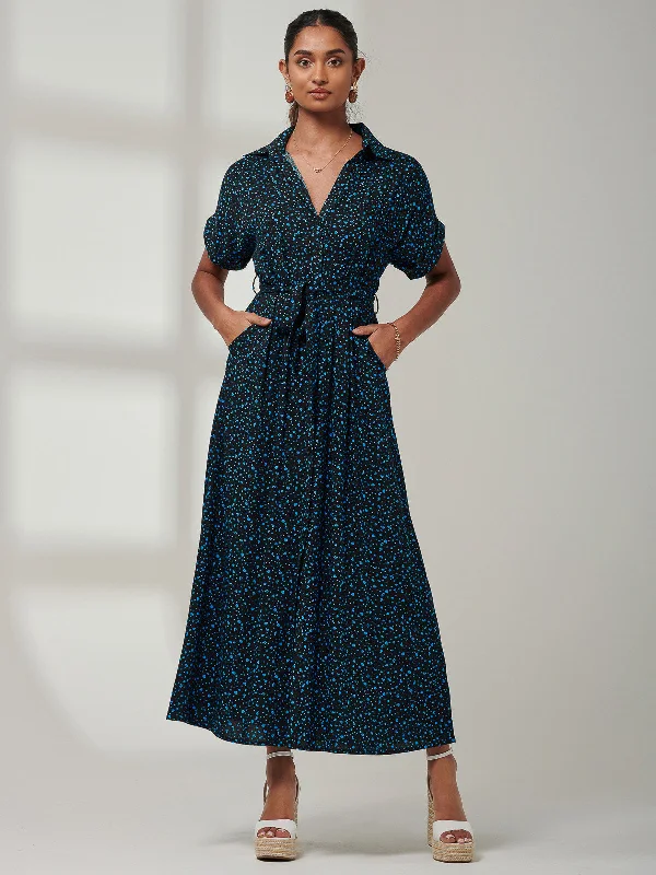 Drop Shoulder Shirt Maxi Dress, Blue Animal