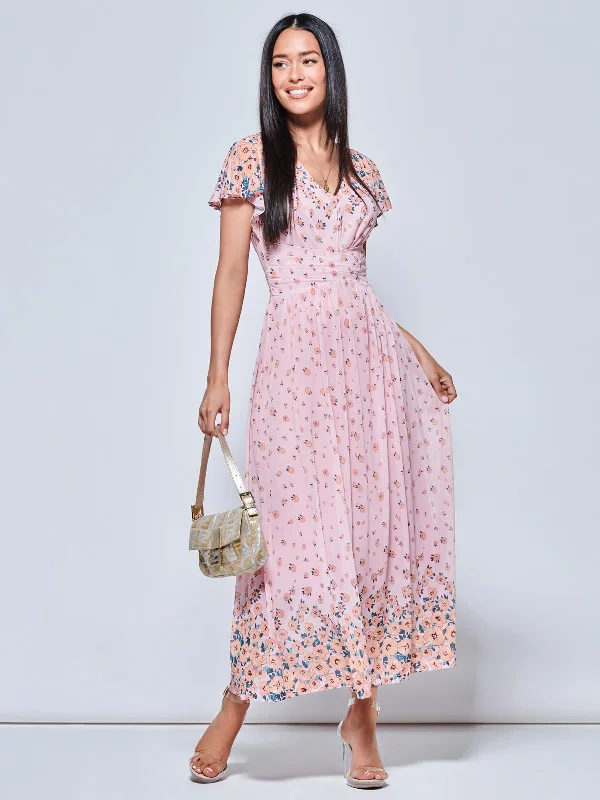 Mirrored Floral Print Mesh Maxi Dress, Pink Multi