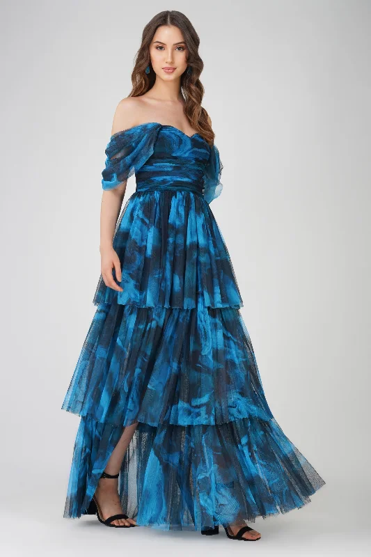 Sydney Tulle Maxi Dress in Blue Watercolour